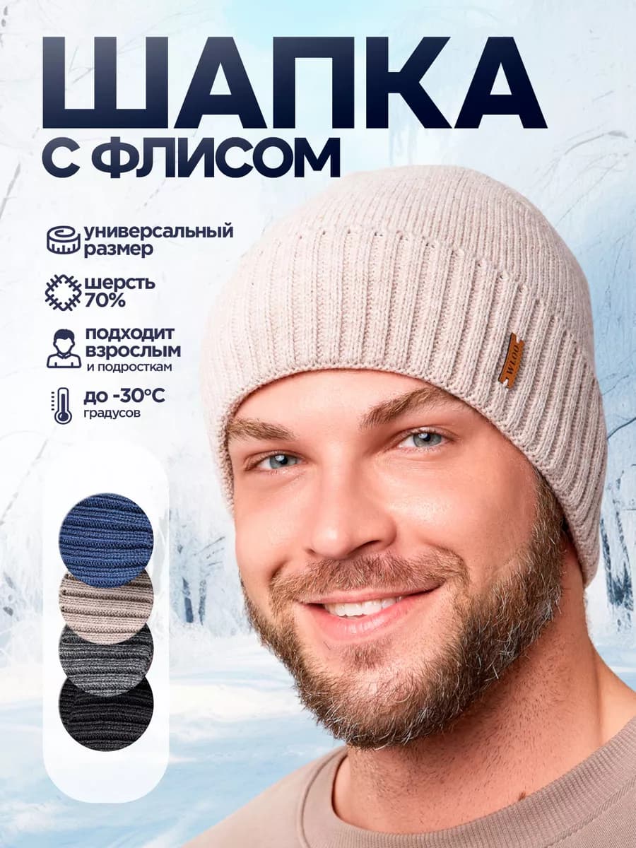 Шапка бини зимняя на флисе