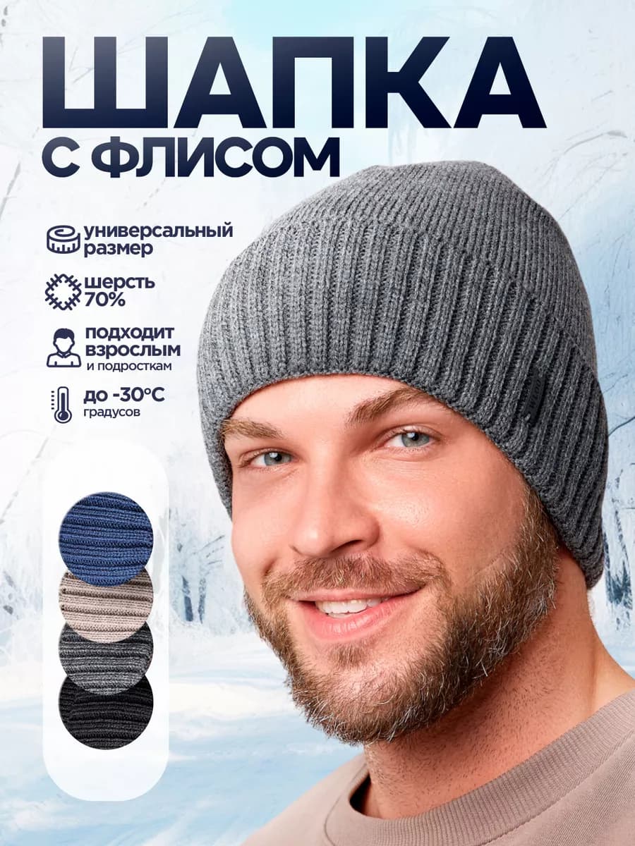 Шапка бини зимняя на флисе