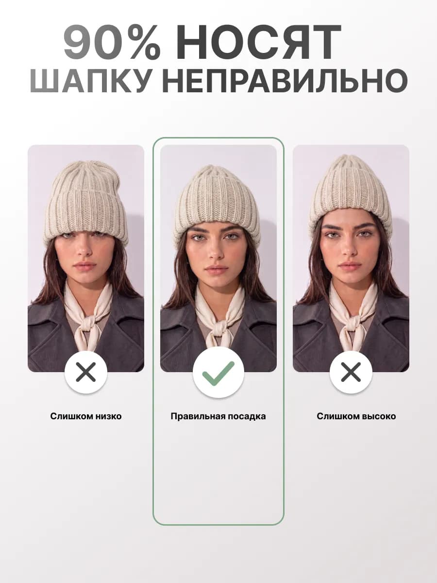 Шапка вязаная бини с отворотом осенняя шерсть