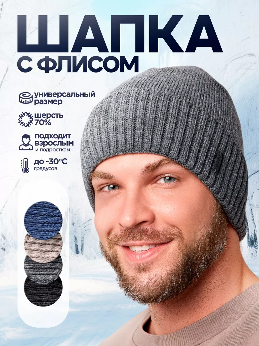 Шапка бини зимняя на флисе, серая