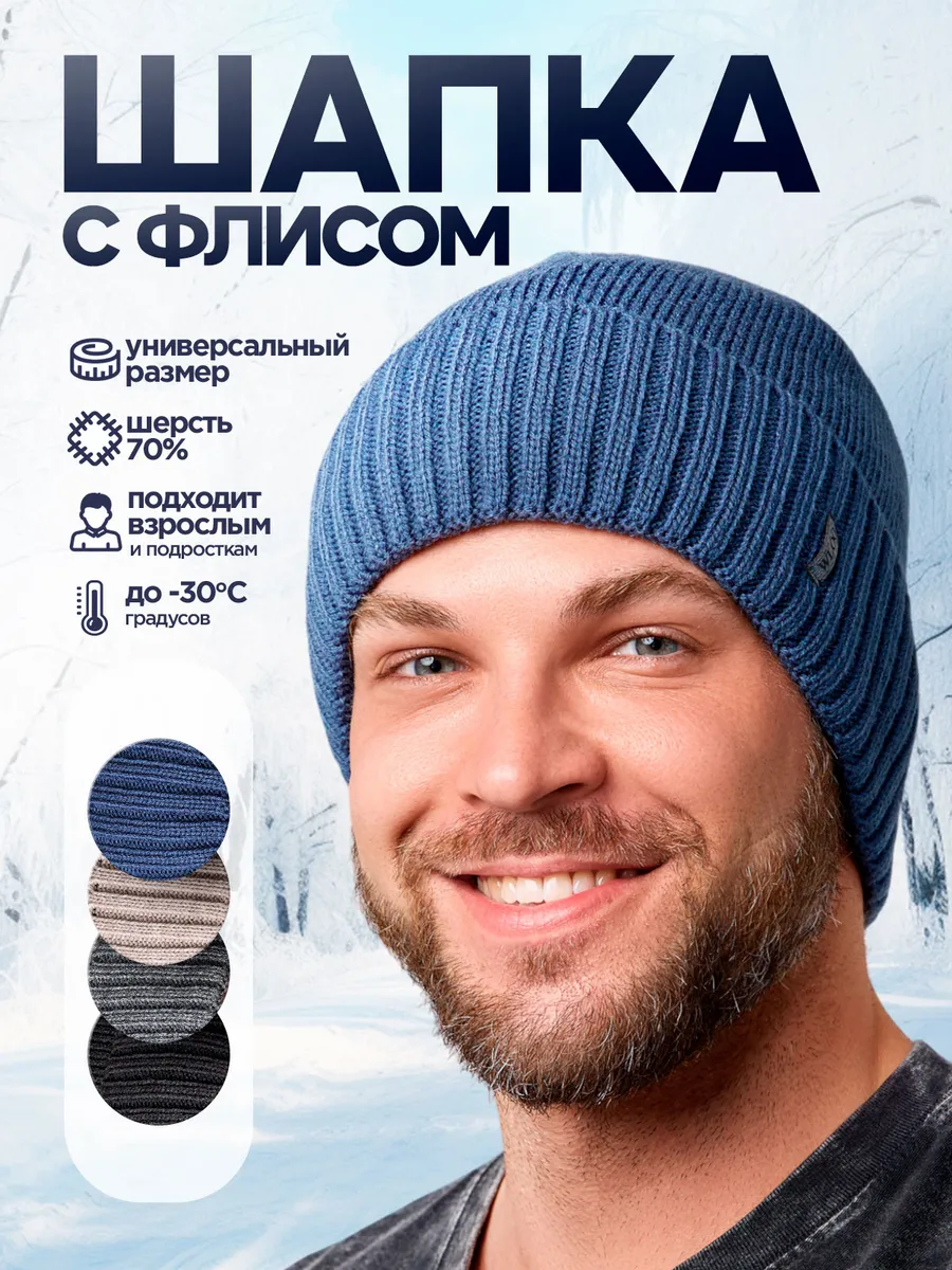 Шапка бини зимняя на флисе, синяя
